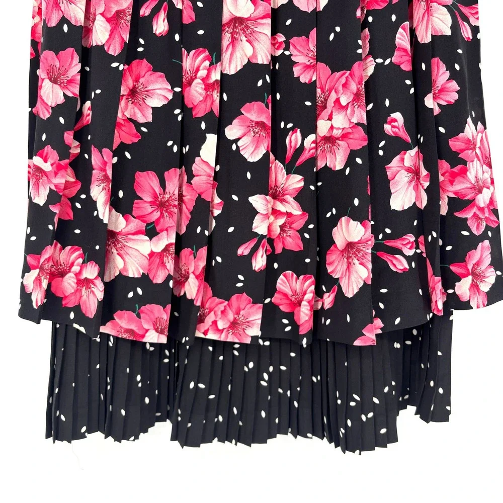 Vintage MaxMara‎ Silk Floral Polka Dot Pleated Skirt Made in Italy Pink Black 8